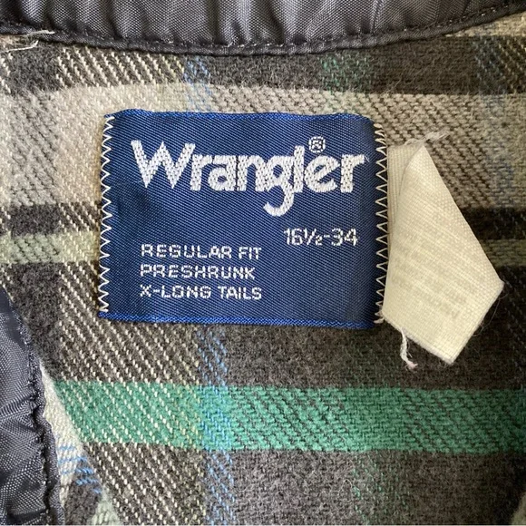 Vintage Wrangler Plaid Heavy Flannel Pearl Snap X-Long Tails Shirt Mens 16.5/34 - Picture 5 of 7